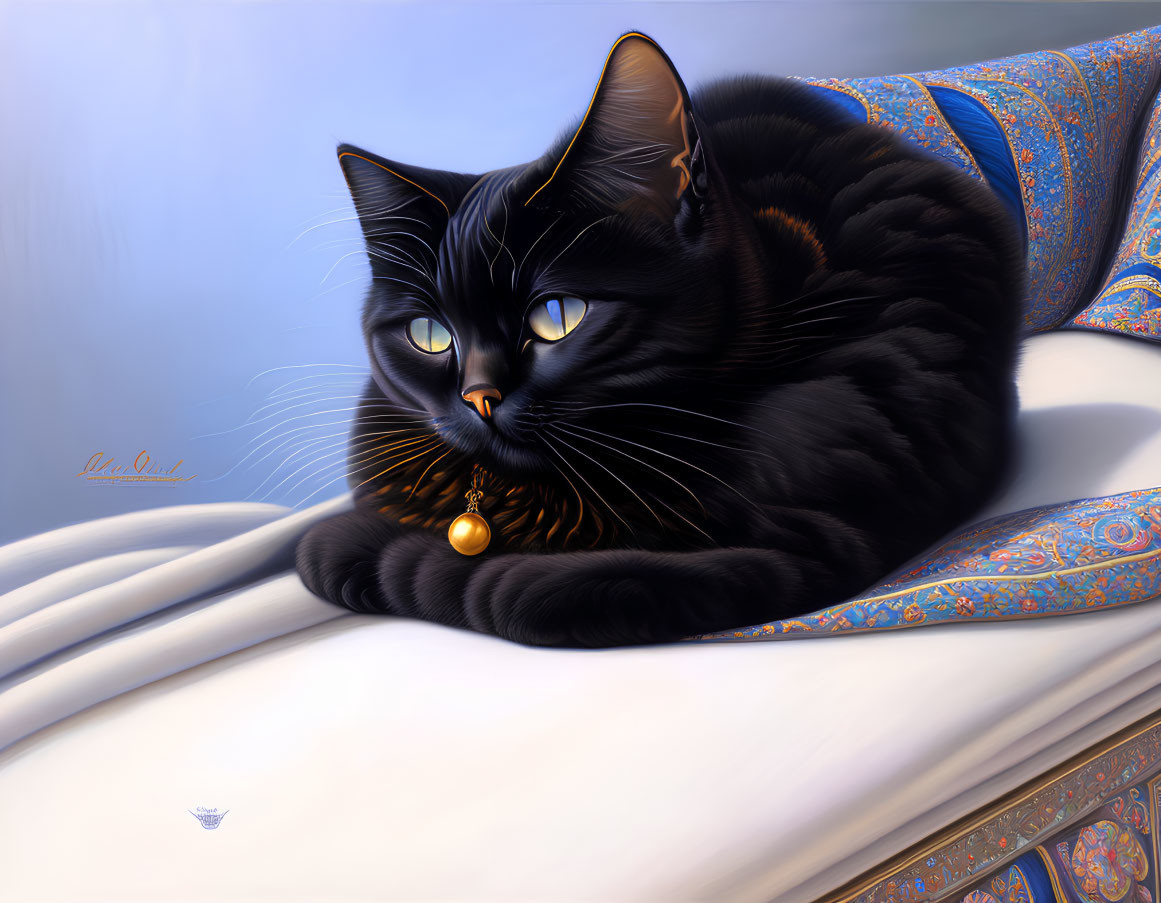 Black Cat with Yellow Eyes and Bell Collar on White Surface