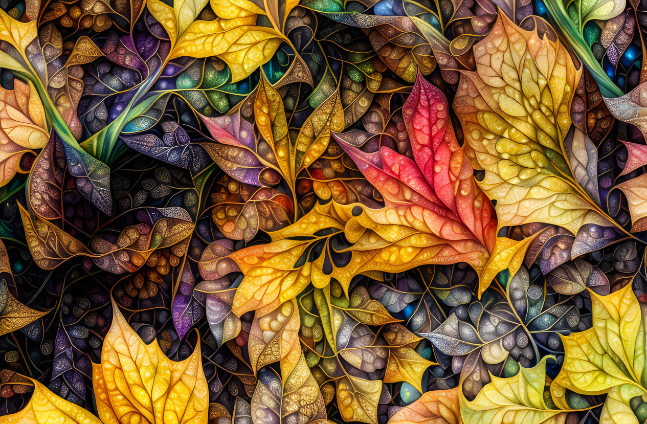 Colorful Stylized Autumn Leaves on Dark Background