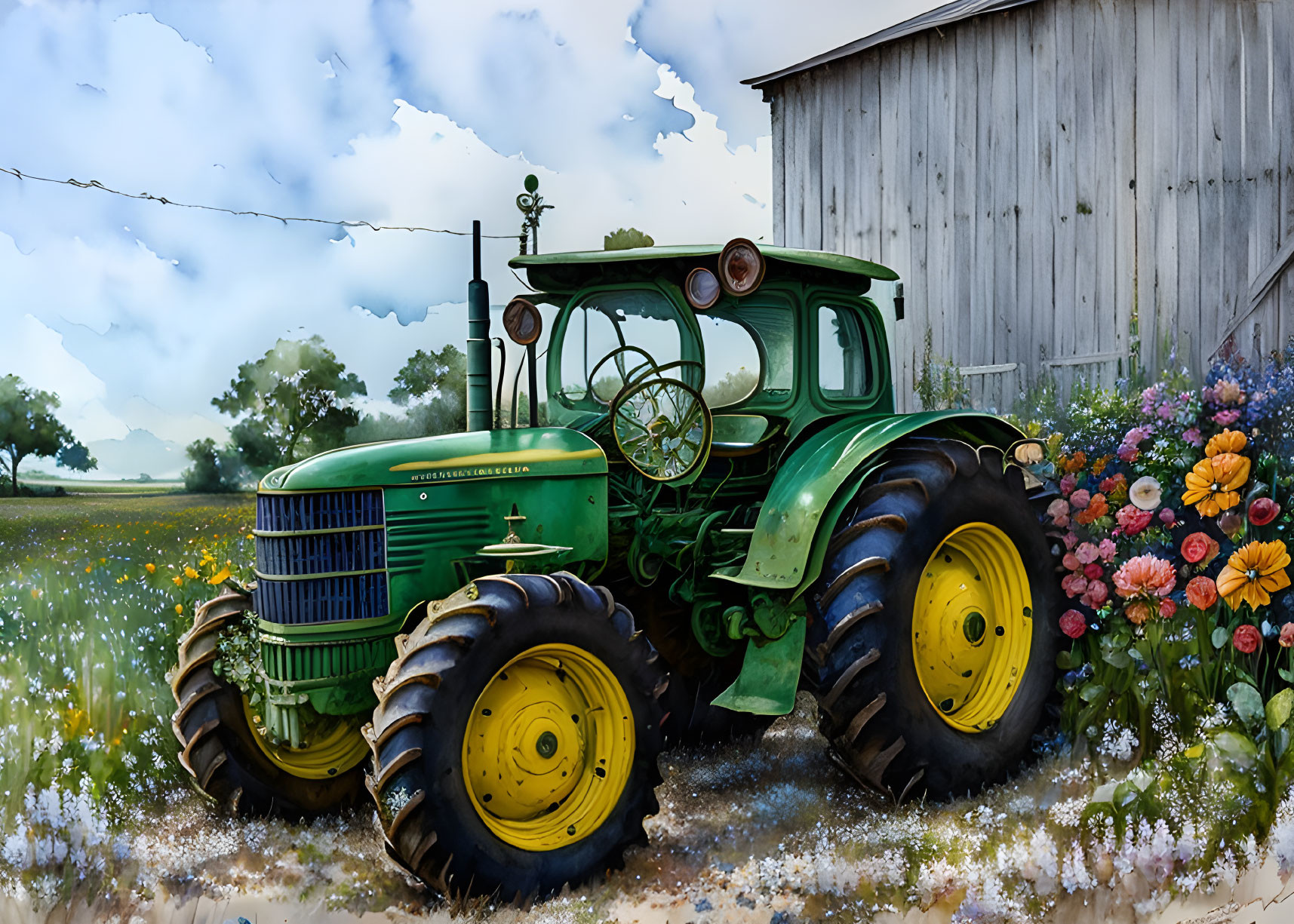 Vintage Green Tractor with Yellow Wheels near Barn and Colorful Flowers