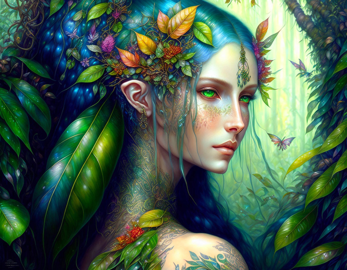 Fantasy artwork of woman with leafy hair, green skin, floral tattoos, and butterfly in lush