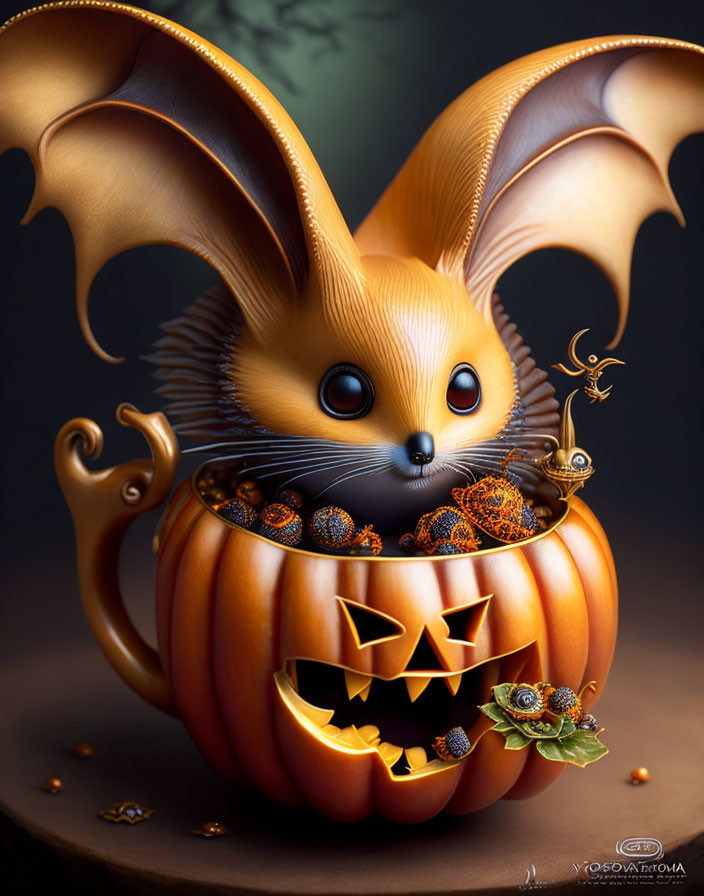 Digital illustration: Bat with fox-like features on pumpkin with candies & autumn leaves