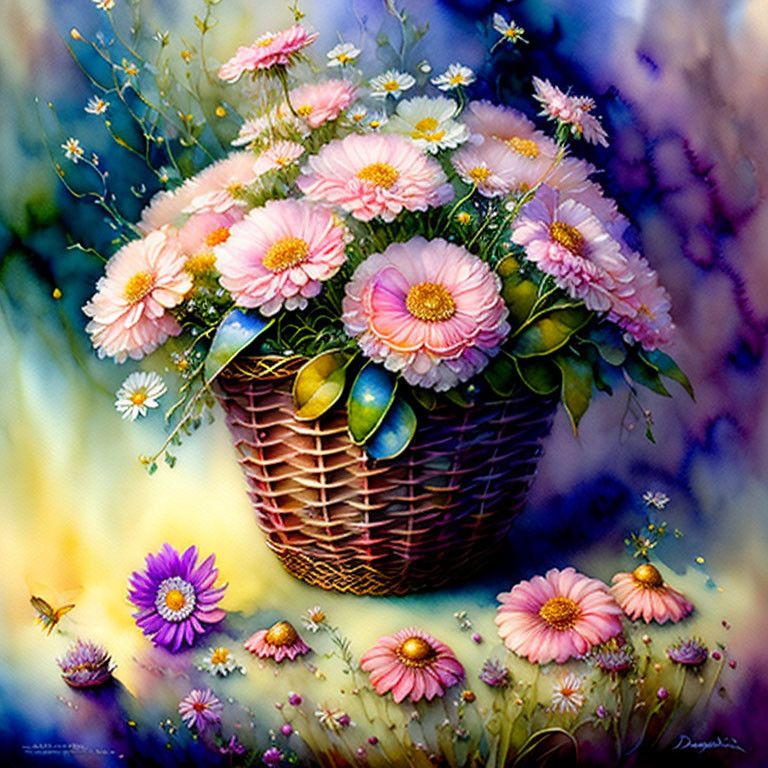 Colorful painting of pink flowers in a wicker basket with butterflies and blooms on a vibrant backdrop