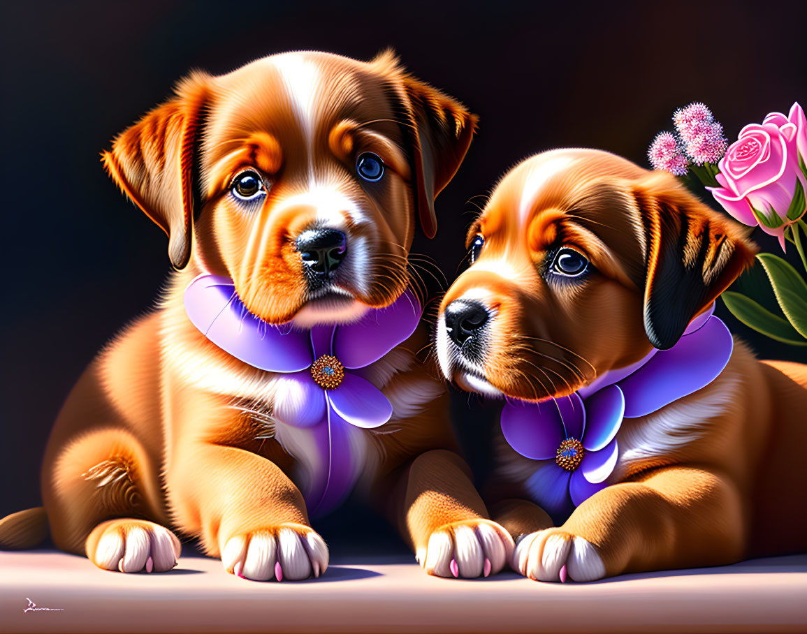 Brown and White Illustrated Puppies with Purple Collars and Pink Rose