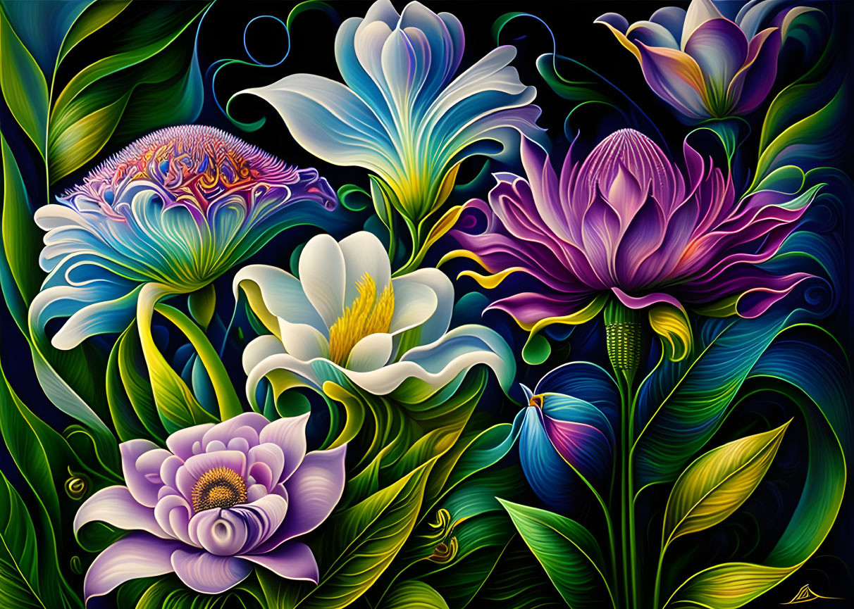 Colorful Stylized Flowers on Dark Background with Blue, White, and Purple Hues