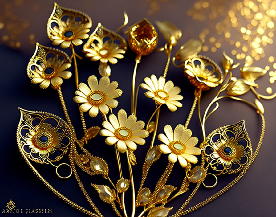 Intricate Golden Floral Jewelry with Gemstone Embellishments