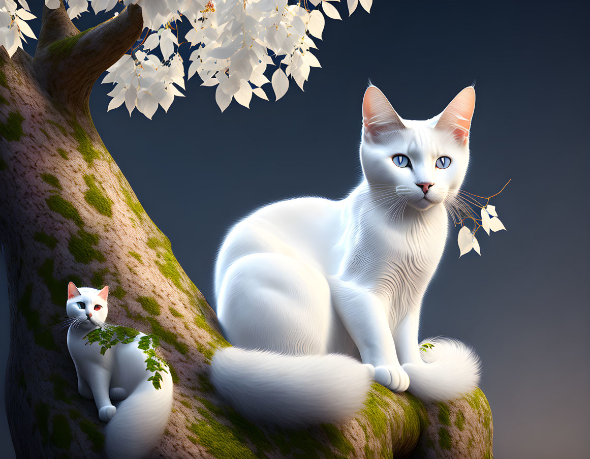 Two white cats with blue eyes on tree branch with white blossoms