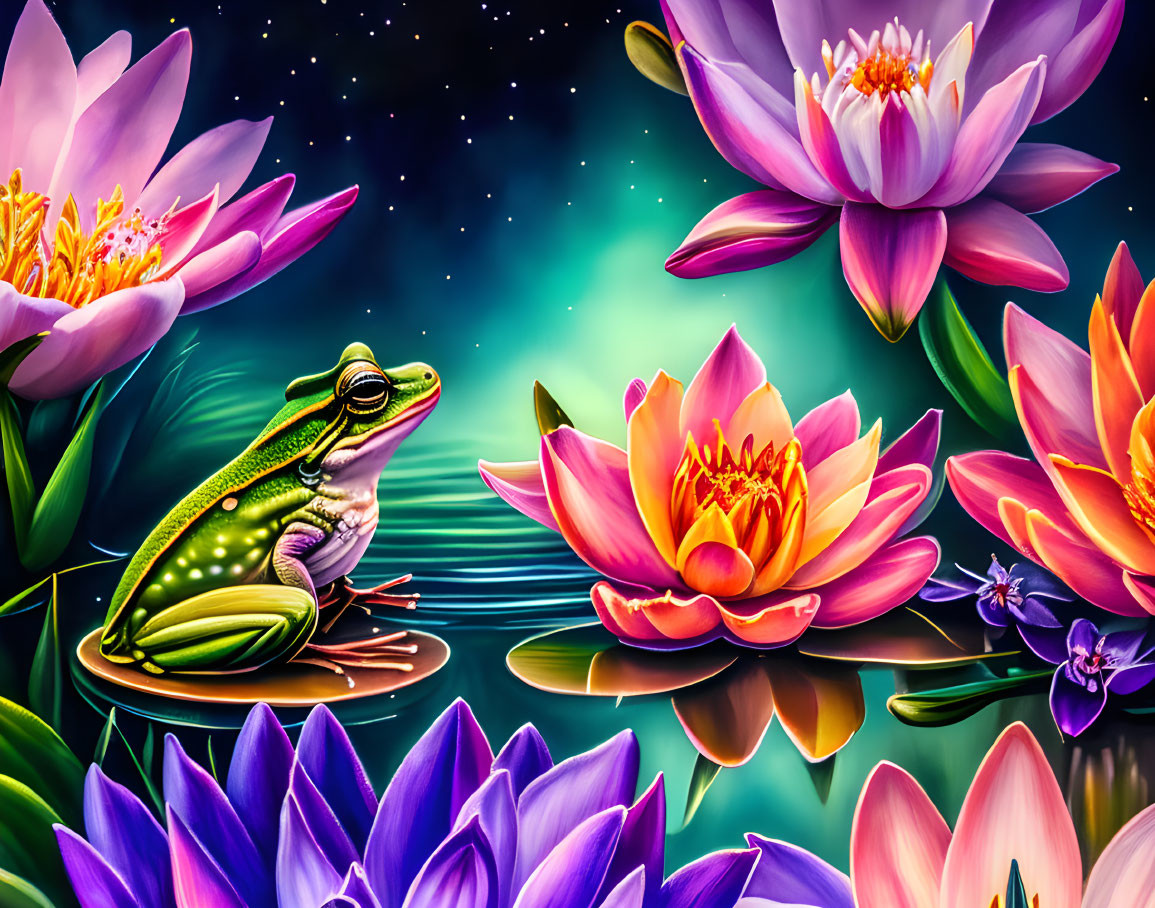 Colorful Frog on Lily Pad Surrounded by Blooming Water Lilies at Night