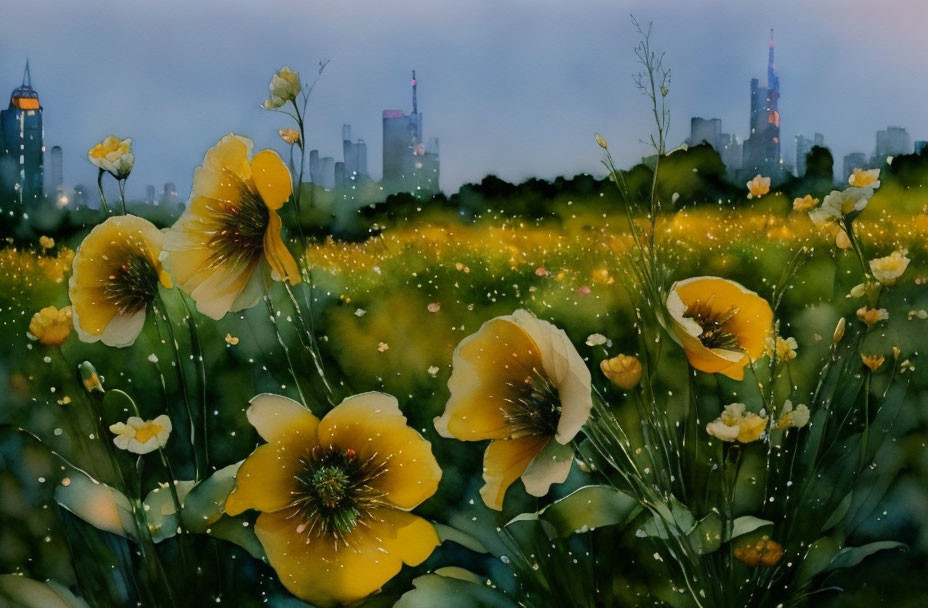 Watercolor painting of yellow poppies with city skyline in background