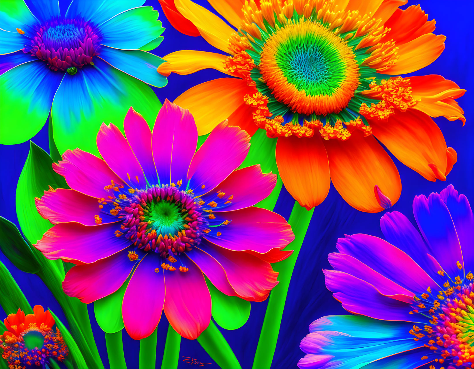 Colorful Stylized Flowers on Blue Background