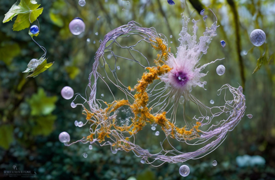 Surreal floating jellyfish-like entity with purple core and orange accents in green natural setting