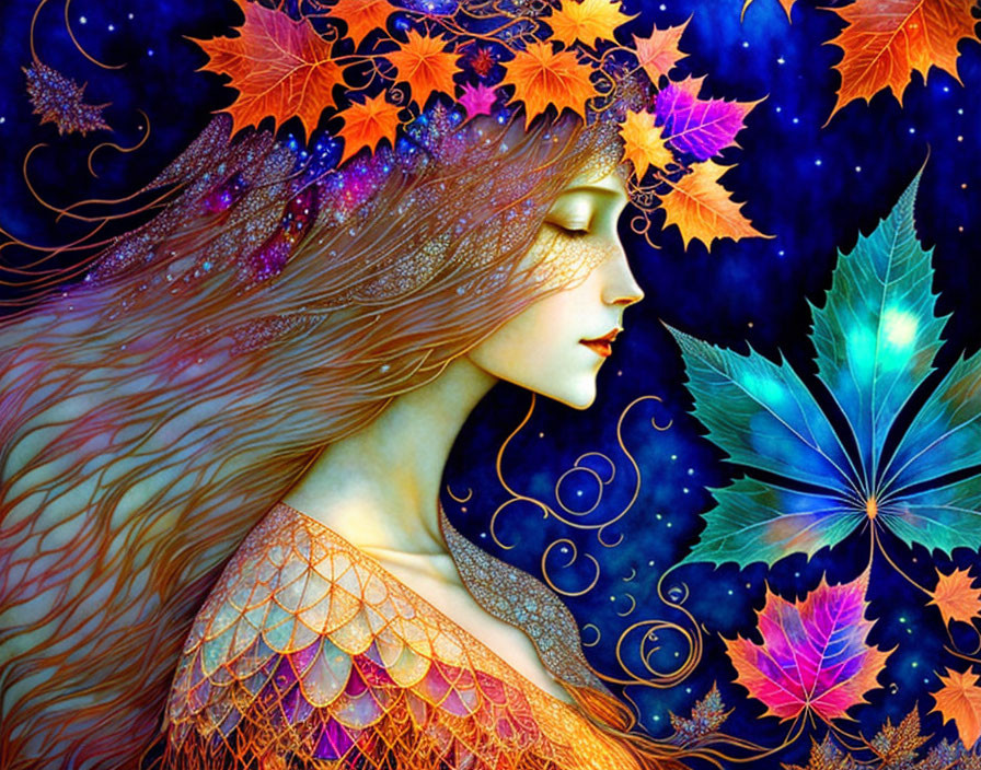 Colorful autumn leaves adorn woman's hair in vibrant illustration