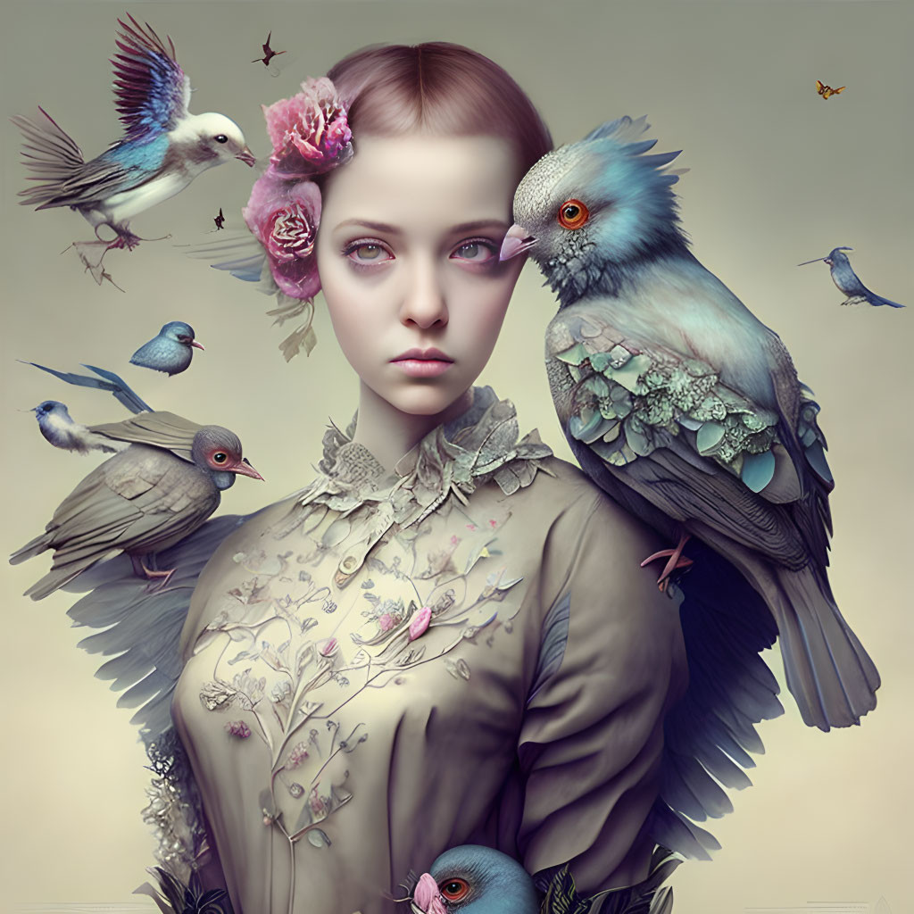 Woman portrait with birds and floral motif in muted colors