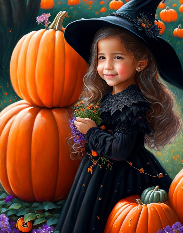 Young girl in witch costume with bouquet amid pumpkins and Halloween decor.