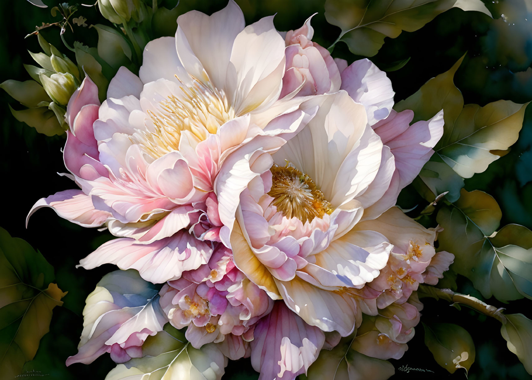 Detailed painting of large pale pink peony among green foliage