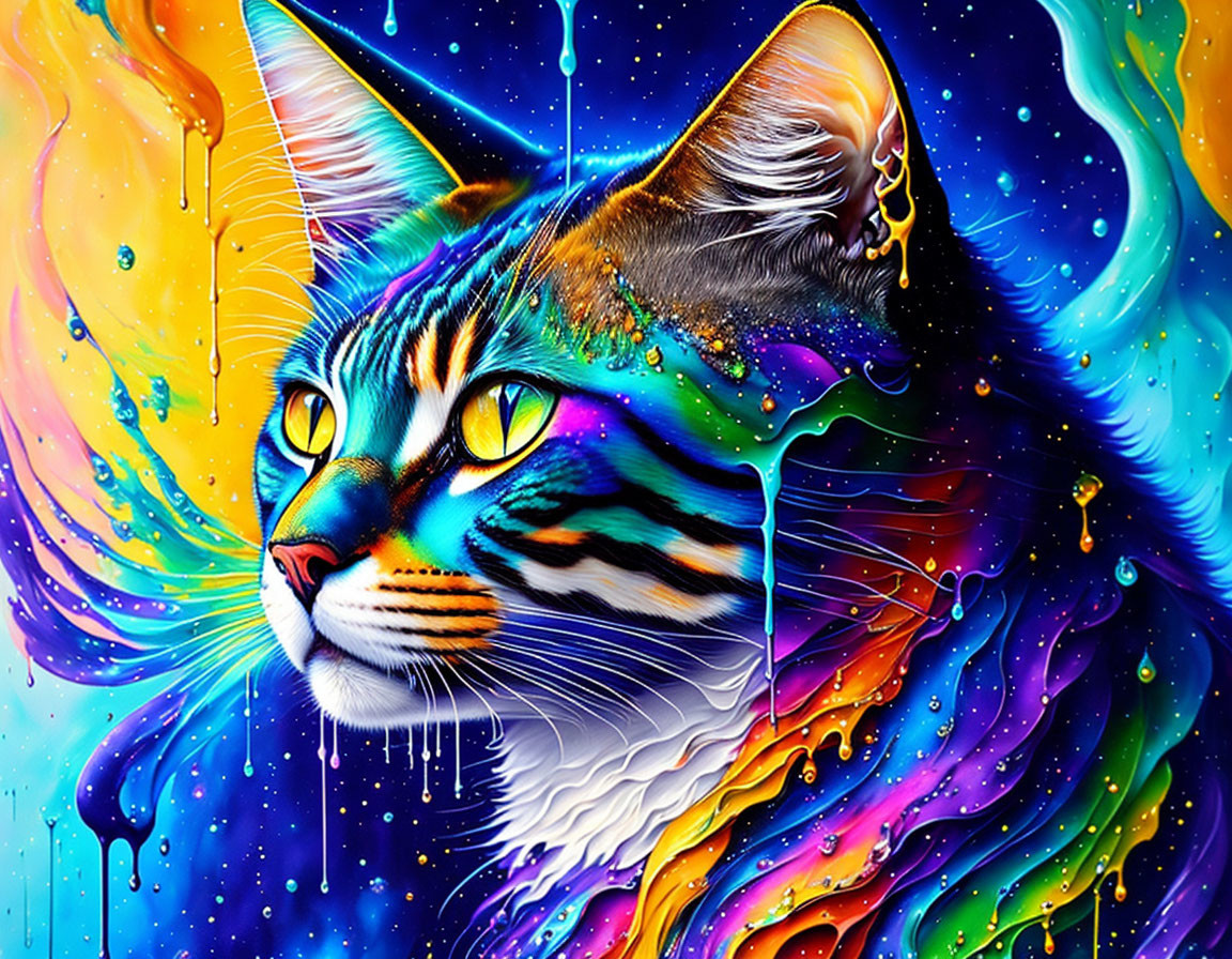 Colorful Psychedelic Cat Artwork with Cosmic Background