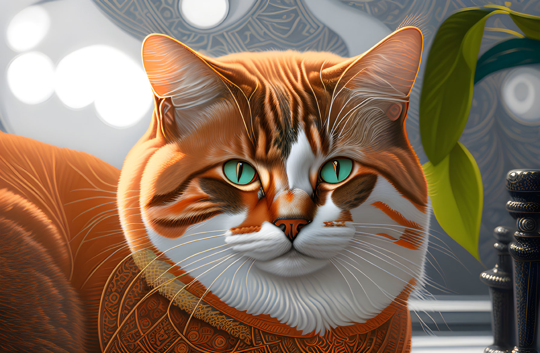 Detailed Orange Tabby Cat Digital Art with Green Eyes & Leafy Background