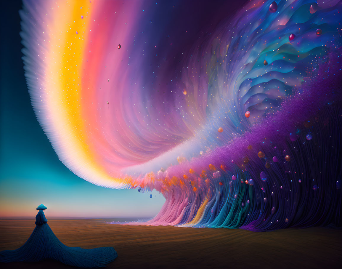 Colorful Wave Sky Over Solitary Figure in Cloak in Surreal Landscape