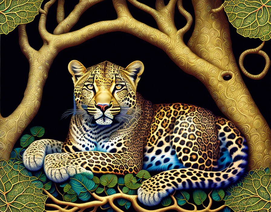 Colorful Leopard Resting Under Intricate Tree Design