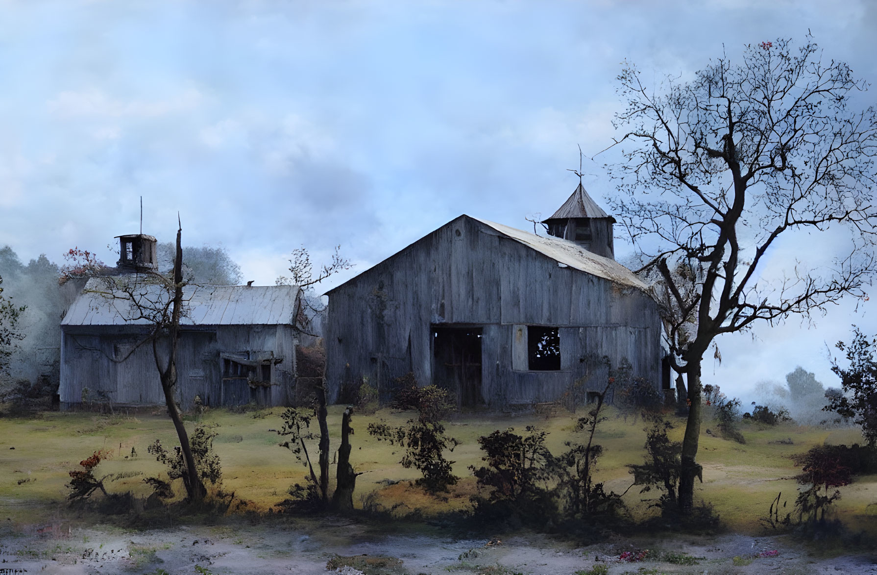 Weathered barns in serene landscape under cloudy sky