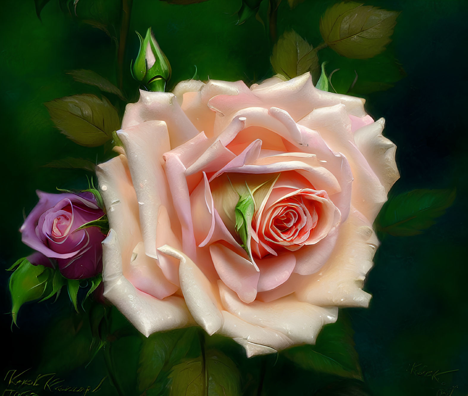 Colorful digital artwork: Large peach rose in full bloom with purple bud and green leaves on dark green