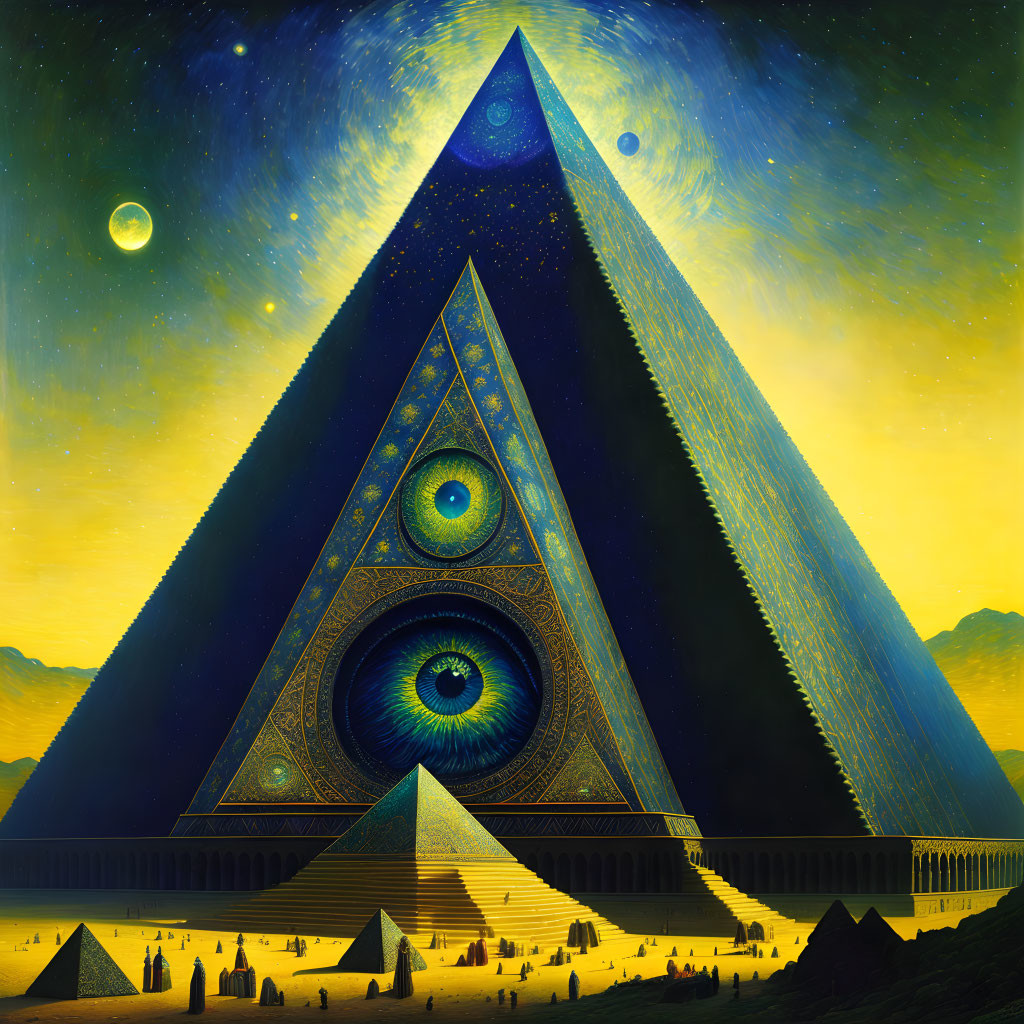 Surreal artwork: massive pyramid with eyes, smaller pyramids, starry sky, crescent