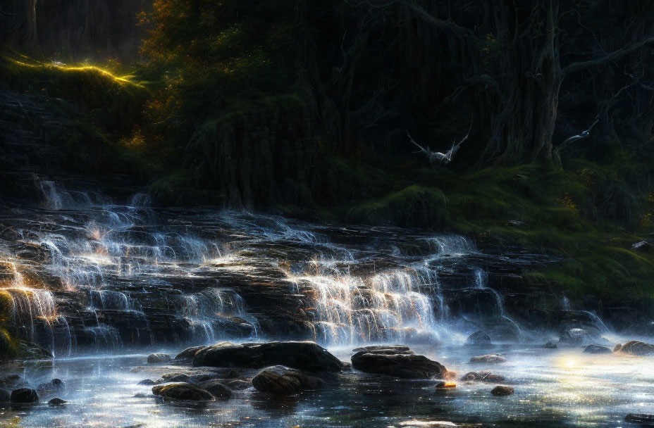 Tranquil waterfall in mystical forest with sunlight filtering through canopy