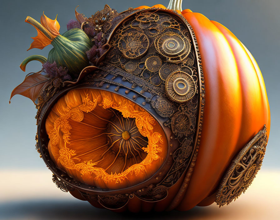 Detailed Digital Art: Carved Pumpkin with Intricate Designs and Gourds