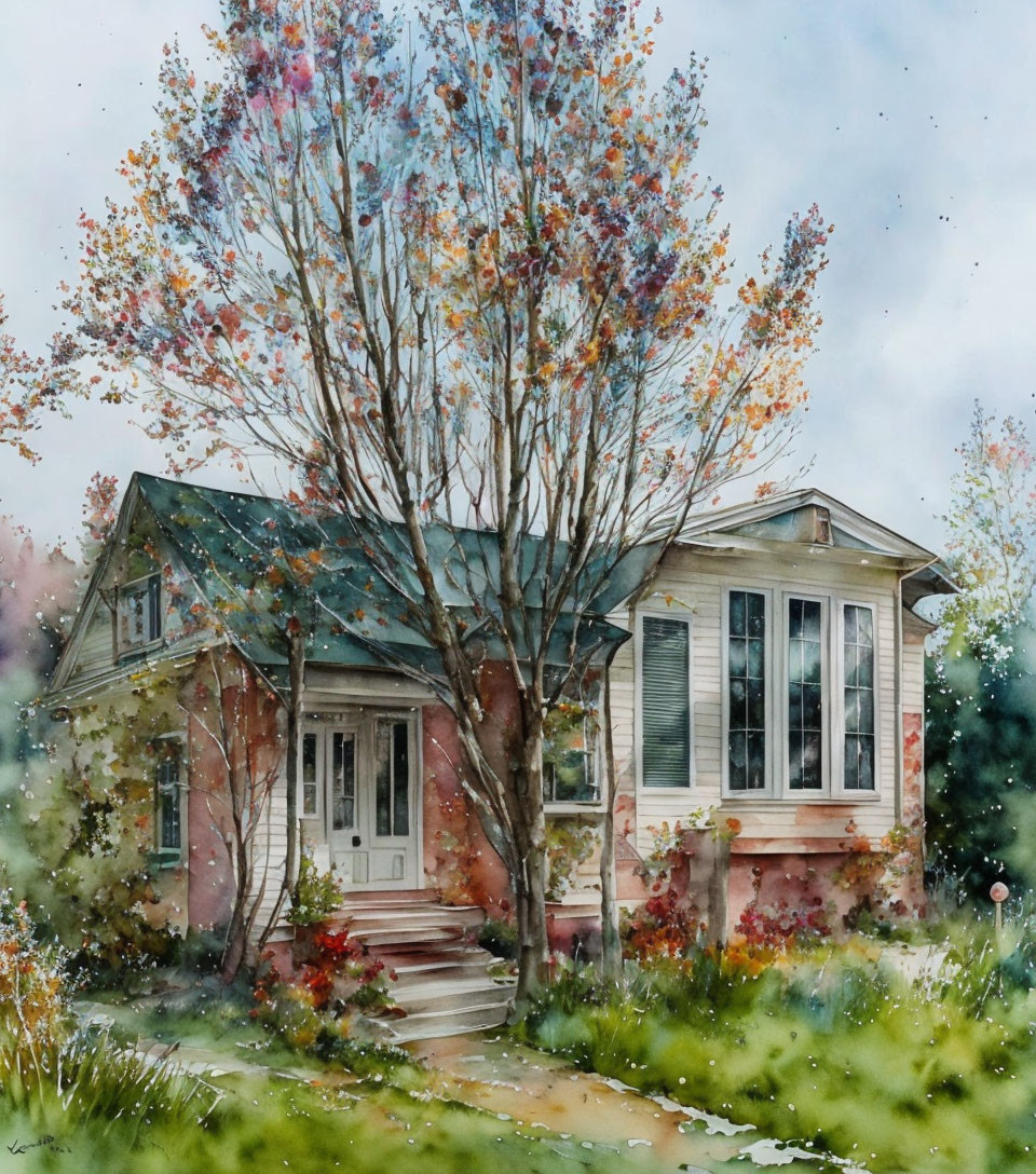 Charming two-story watercolor painting of a house with sunroom and lush greenery