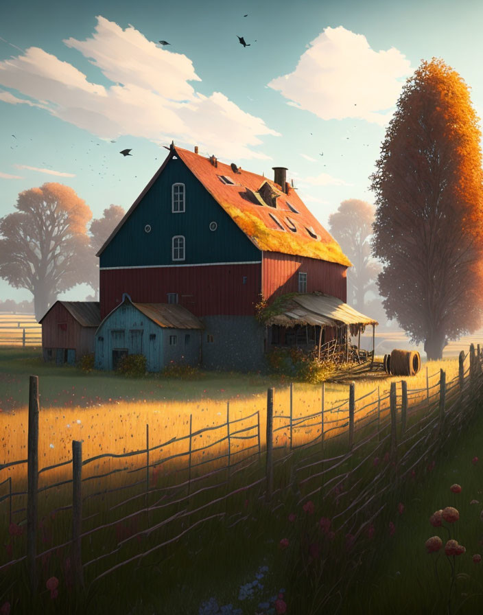 Tranquil autumn landscape with red barn, golden foliage, birds, and soft glowing light