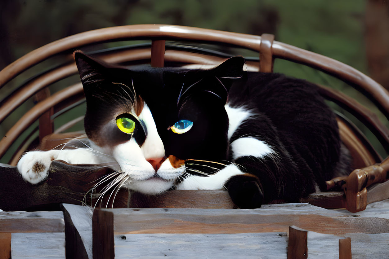 Black and white cat with green eyes on wooden chair