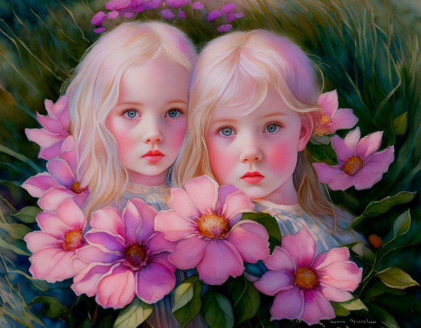 Twin girls with blonde hair among pink flowers in serene setting