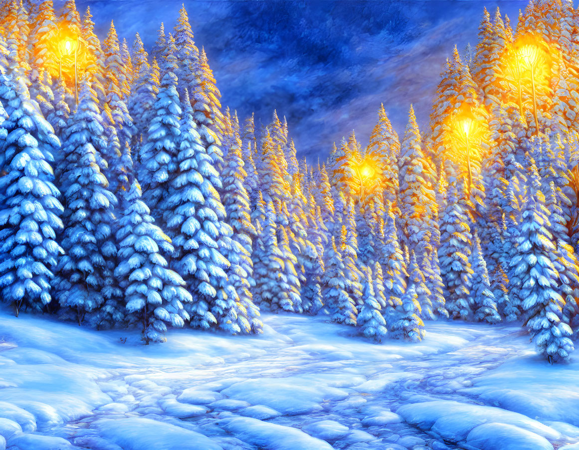 Snow-covered pine trees and glowing lights in twilight winter scene