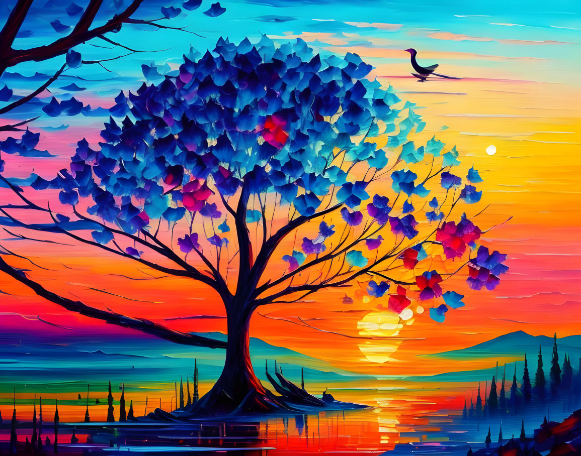 Colorful Tree Painting at Sunset with Lake, Bird, and Mountains