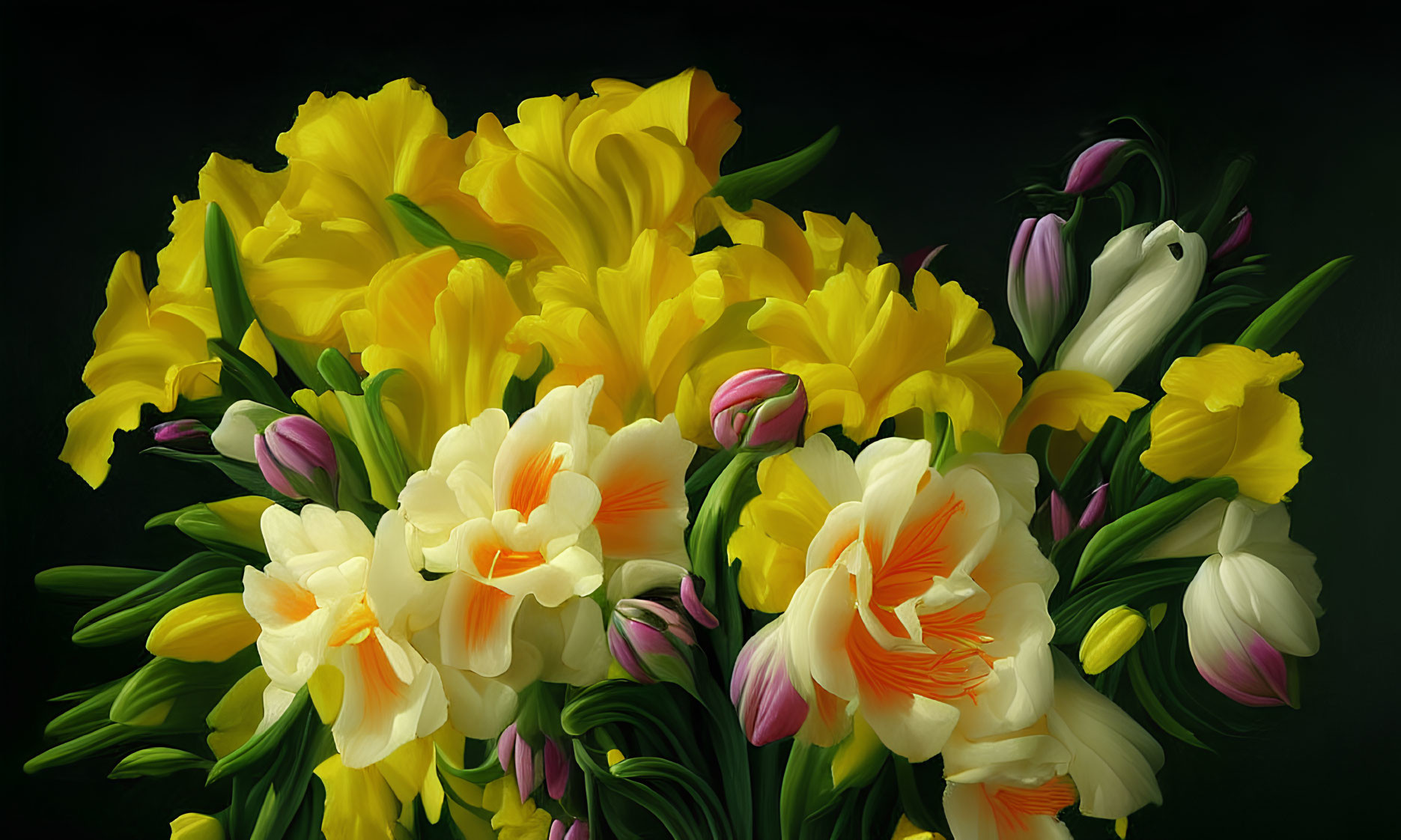 Yellow, White, and Purple Flower Bouquet on Dark Background