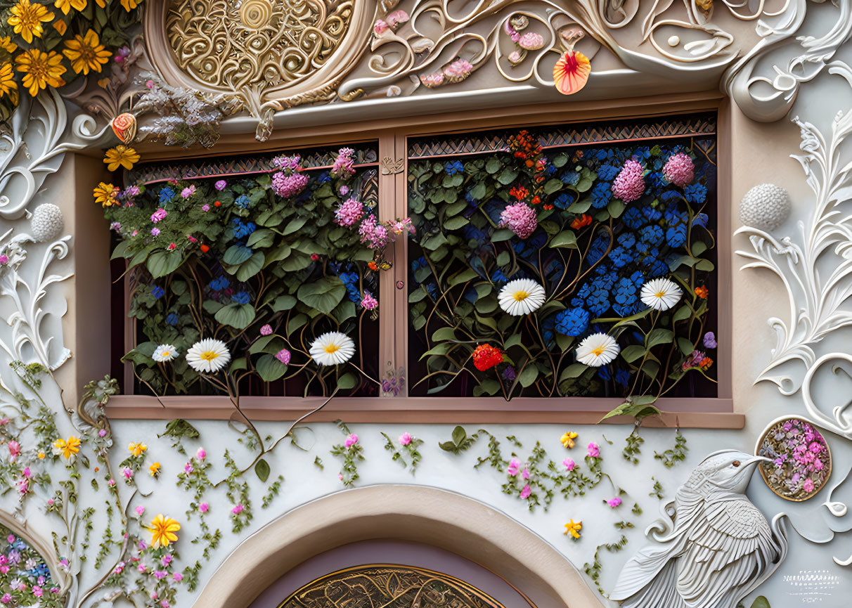 Colorful Flower and Peacock Motif Ornate Window in Classical Style