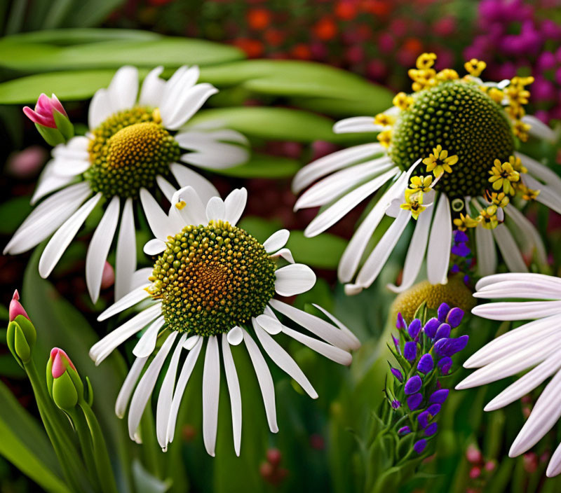 Lively garden with white daisies and colorful flowers