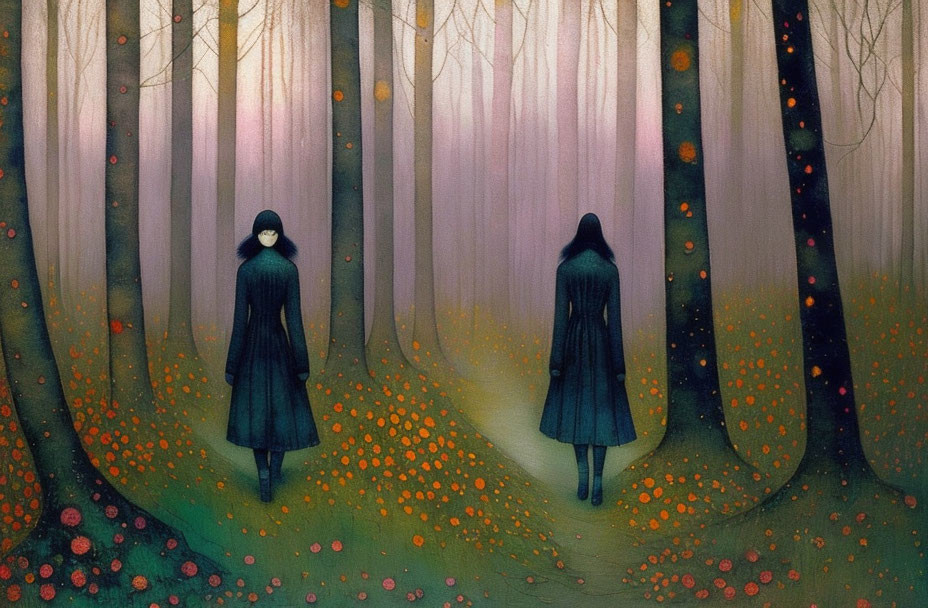 Misty forest scene with two figures in dark cloaks