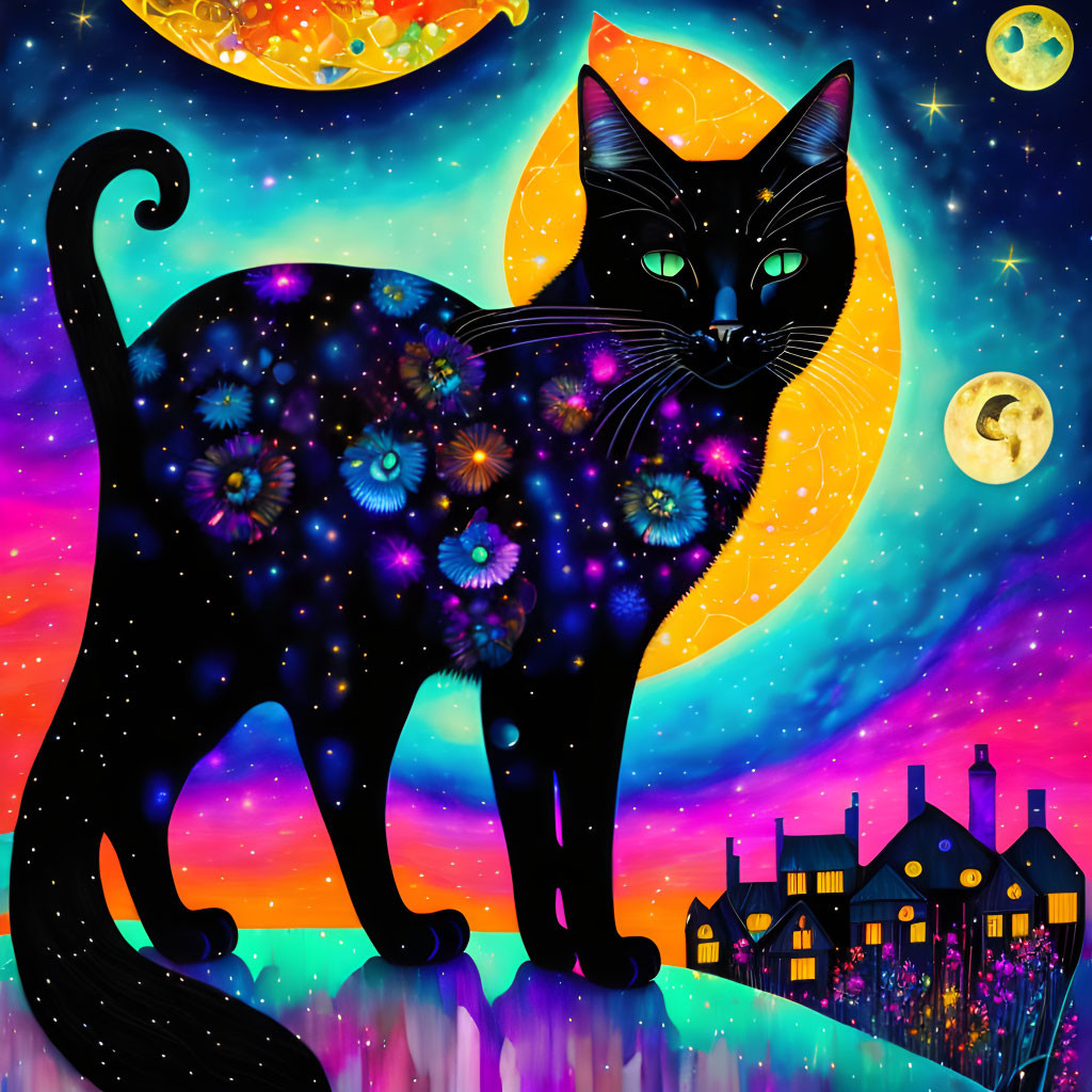 Colorful cosmic black cat in whimsical nocturnal landscape