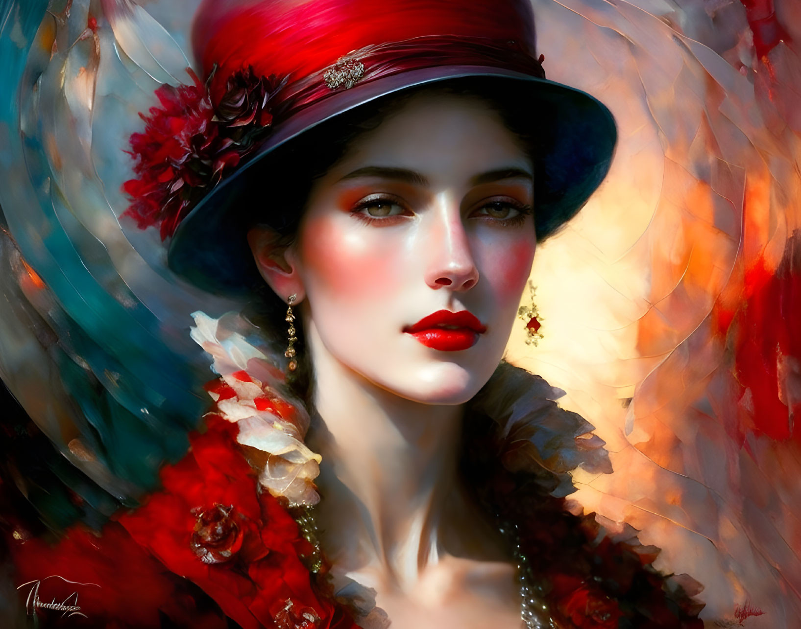 Elegant woman in red hat and outfit against impressionistic background