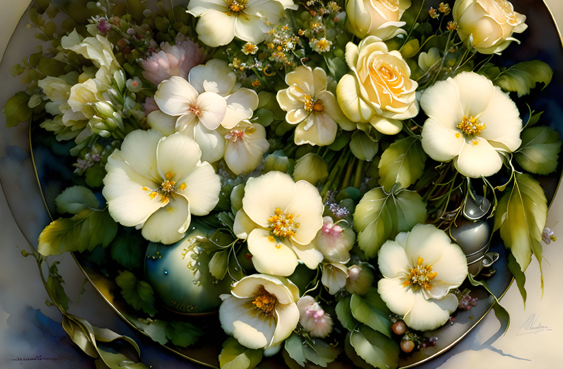 Delicate cream and yellow flowers in golden bowl