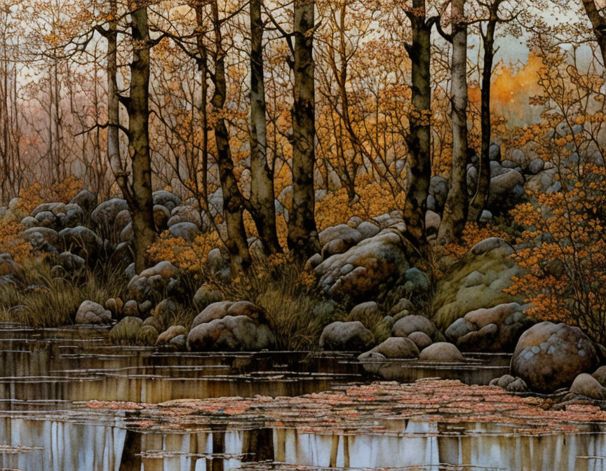 Tranquil autumn lake with golden trees and rocky shore at dusk