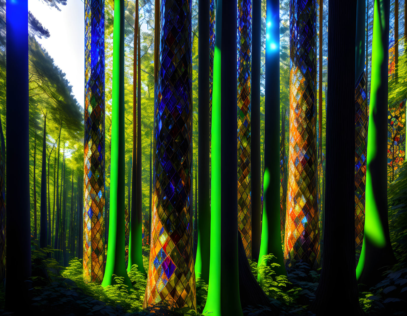 Vibrant stained glass patterns in a mystical forest