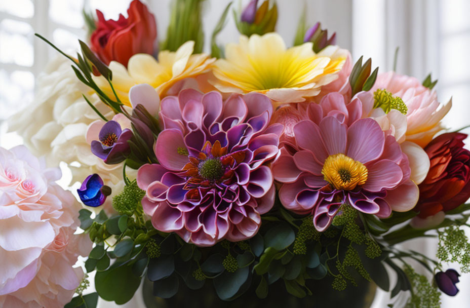 Colorful Flower Bouquet with Dahlias and Roses in Purple and Yellow Palette