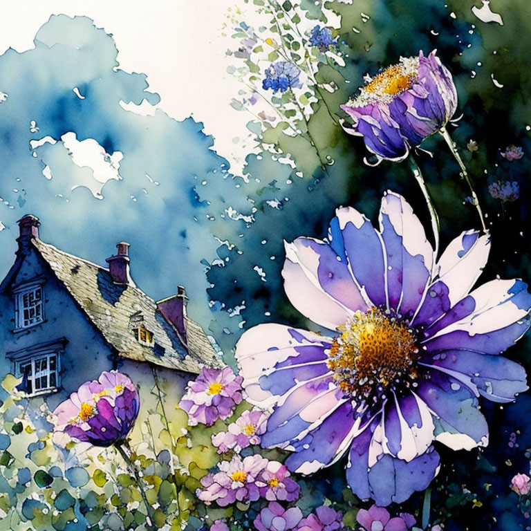 Colorful Watercolor Painting of Purple Flowers and Cottage in Nature