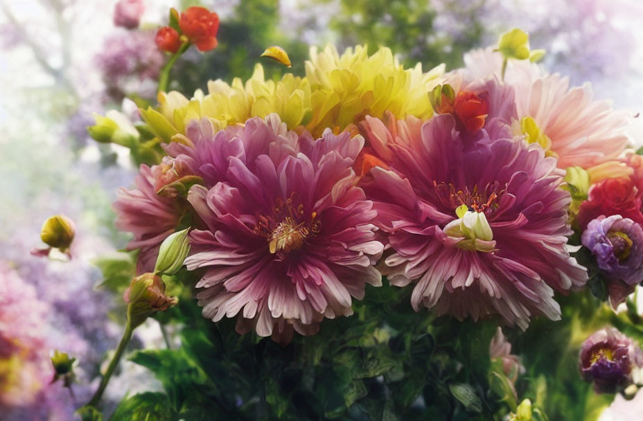 Pink and Yellow Flower Bouquet with Soft-focus Purple Blooms