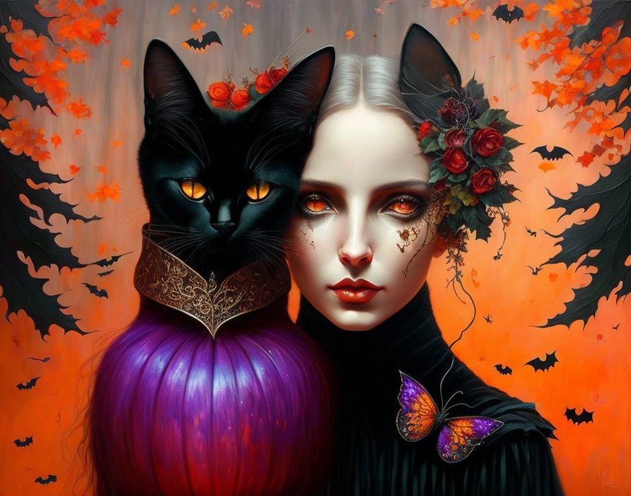 Dual-faced woman with black cat in surreal portrait