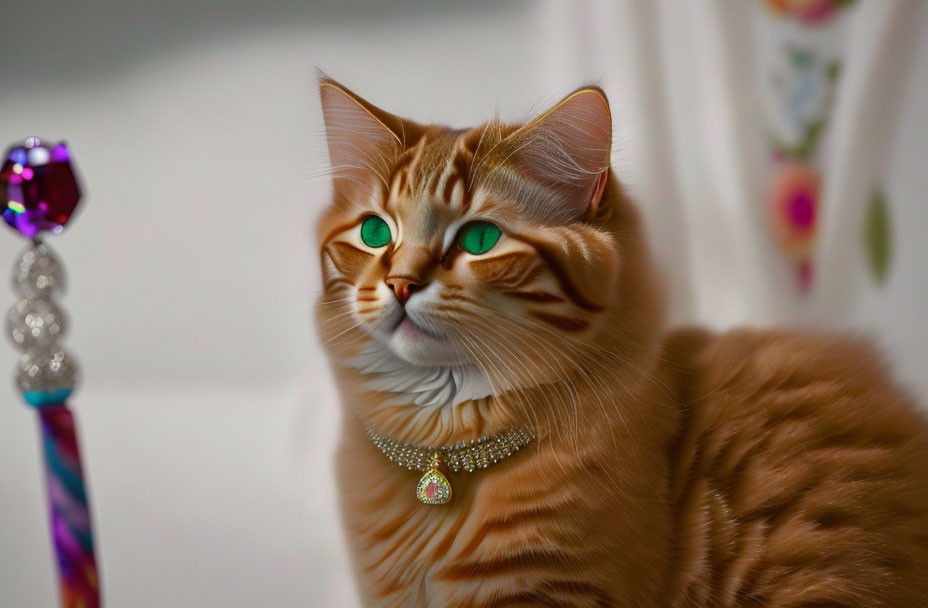 Orange Tabby Cat with Sparkling Collar Beside Colorful Wand Toy