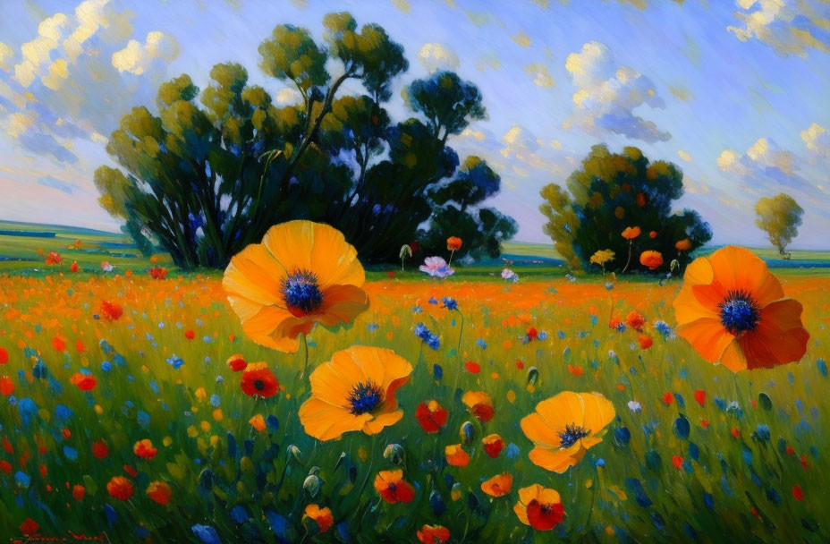 Colorful Poppy Field Painting with Yellow Poppies and Trees Under Blue Sky