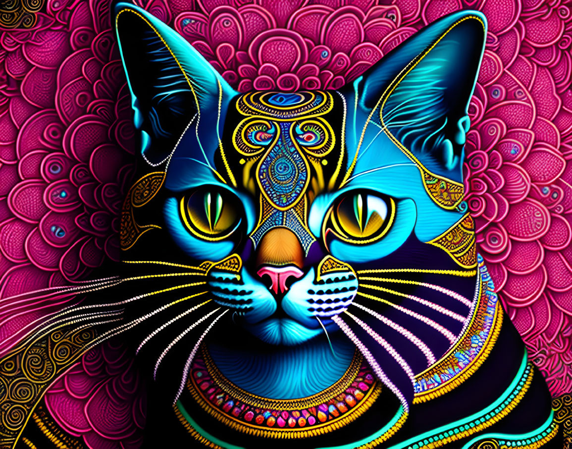 Colorful psychedelic cat illustration on pink floral background