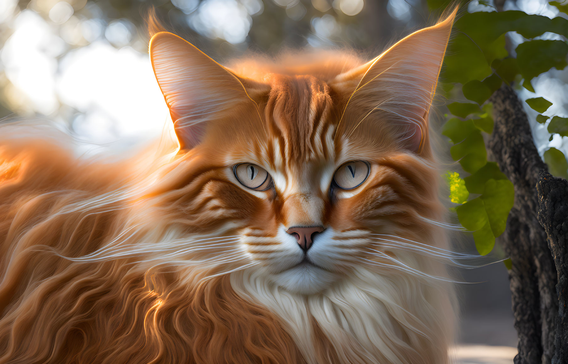 Orange Tabby Cat with Blue Eyes in Sunlight by Tree